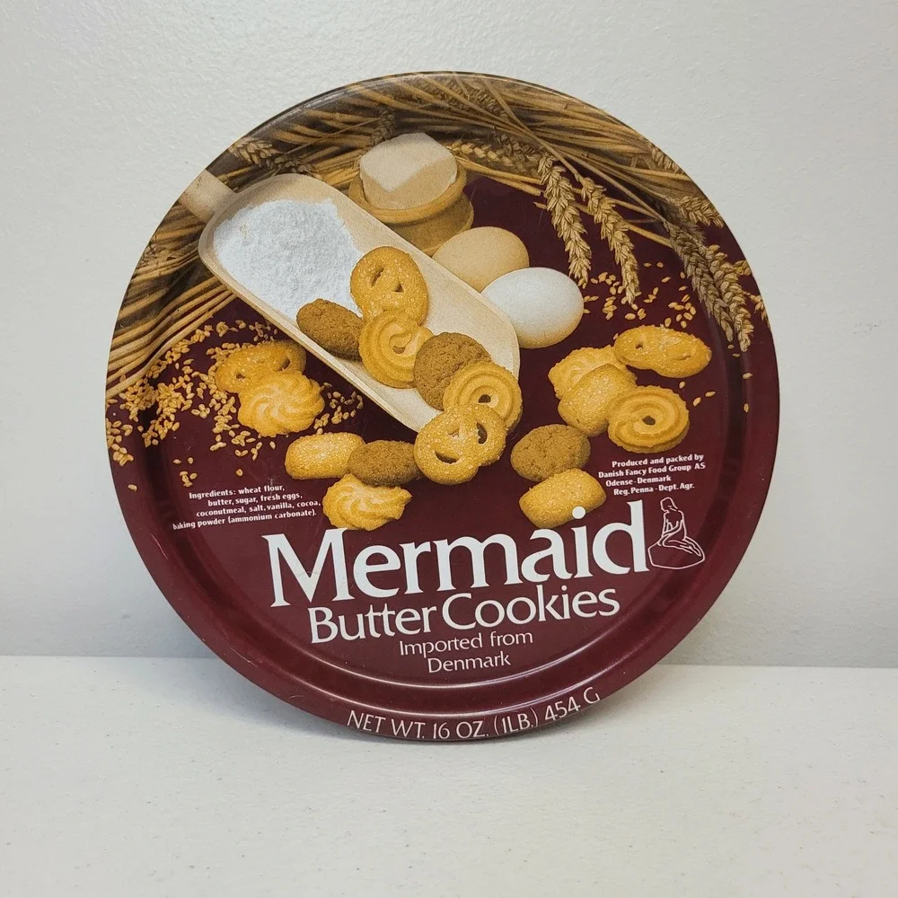 Mermaid Butter Cookies Denmark Vintage Empty Round‎ Tin 16 oz 1 lb